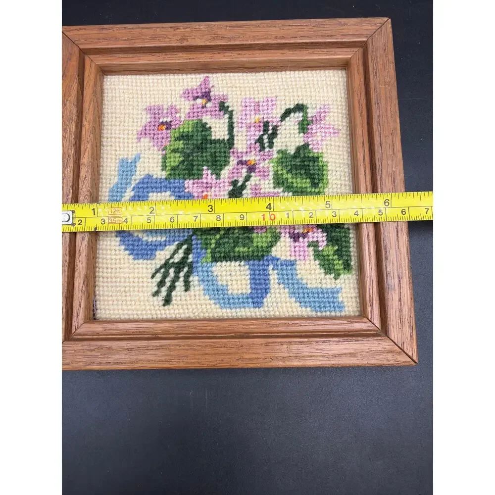 Vintage Framed Floral Needlepoint 6.25” Square Pink Purple Flowers Cottagecore